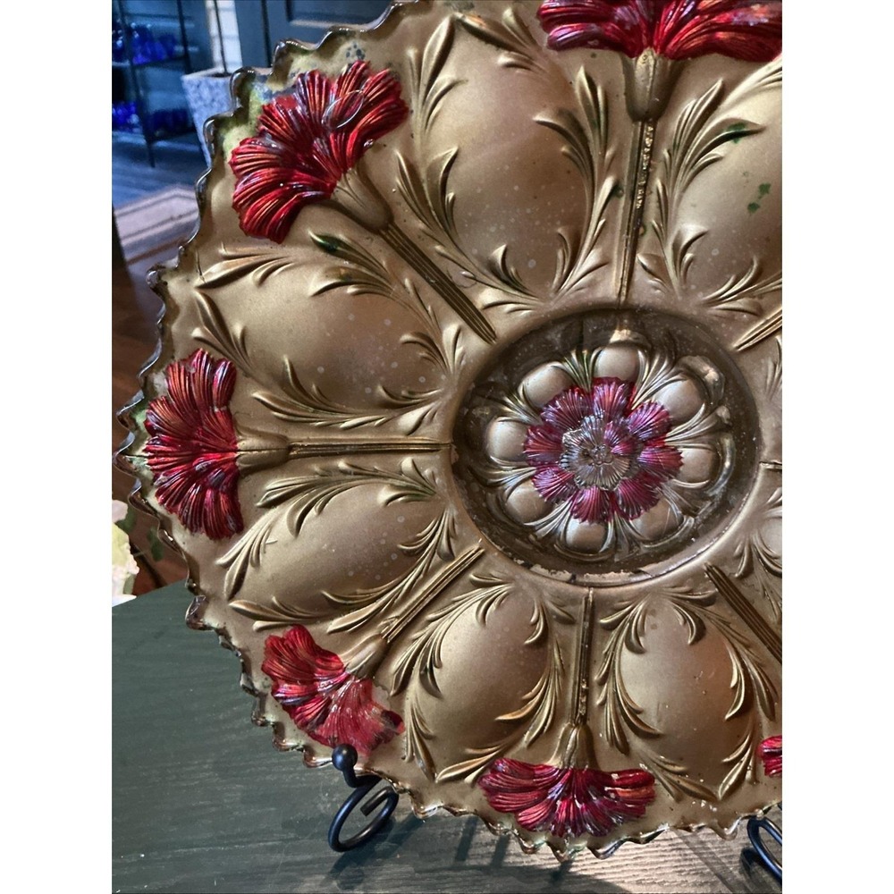 10.5" Antique Goofus Glass Sawtooth Edge Plate Red Gold Roses - Picture 6 of 14